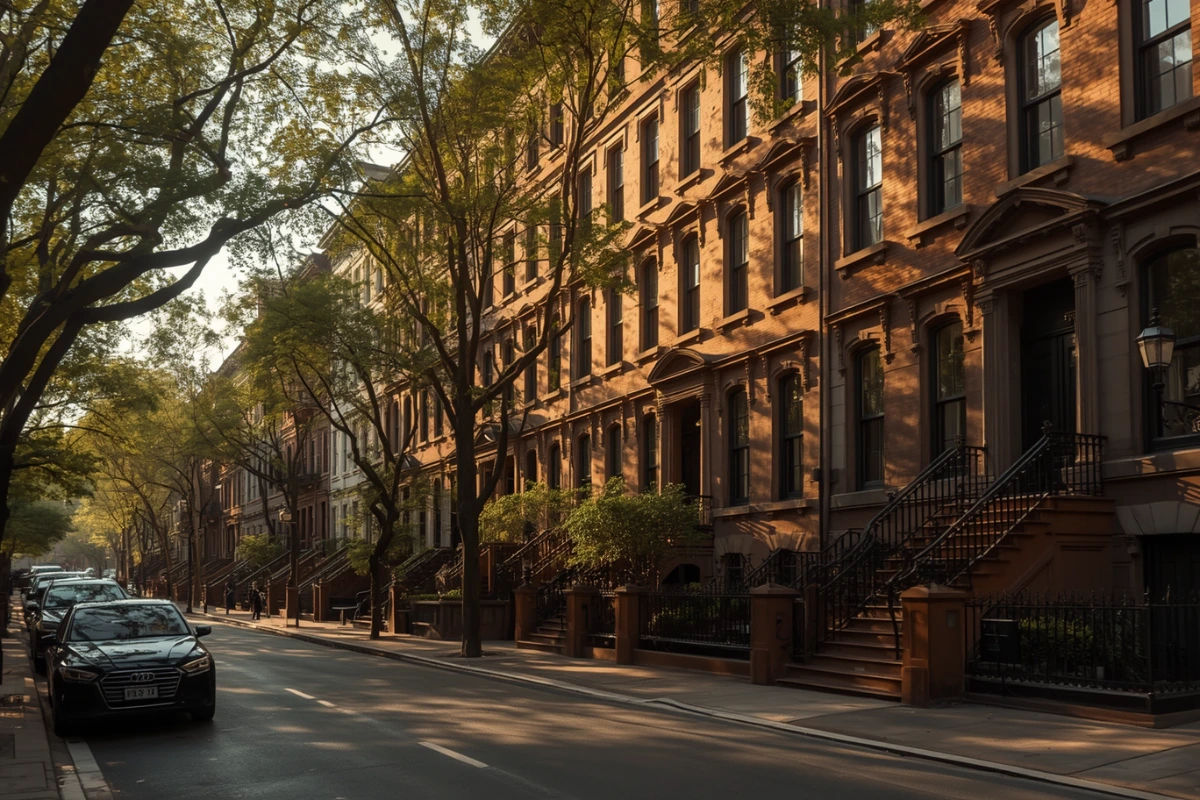 Luxury Brooklyn brownstone street in Brooklyn Heights with historic townhomes and tree-lined sidewalk representing high-value home insurance risk.
