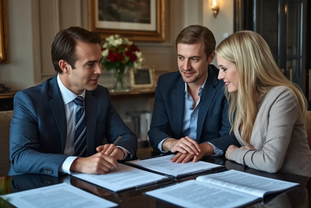 Private client insurance advisor reviewing coverage gaps and risk exposures with affluent homeowners