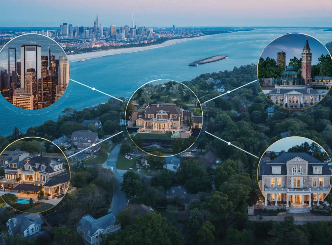 Luxury properties across the Northeast including a Manhattan residence, Hamptons waterfront home, Connecticut estate, and Rhode Island coastal property coordinated under a private client insurance strategy.