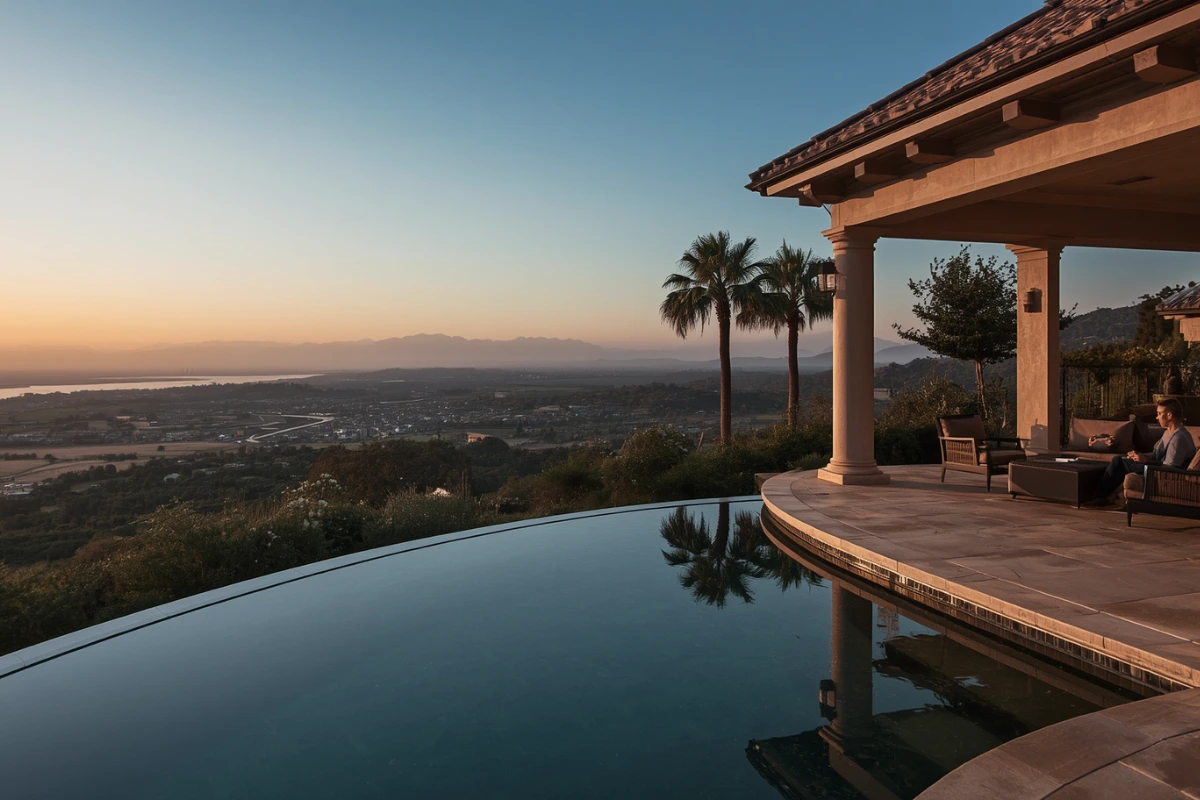 Financial advisor meeting with affluent clients in a luxury California setting to discuss wealth planning and risk management strategies