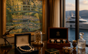 Private collection featuring fine art, luxury watches, jewelry, antiques, and collectibles displayed in an elegant gallery setting.